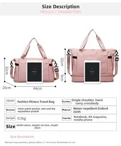 Detail of pink waterproof travel bag with bottom expansion layer and dry-wet separation
