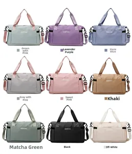 Collage of large capacity travel bags in nine colors including purple pink and black