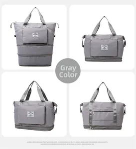 Détail du sac de voyage gris avec fermeture éclair extensible et tissu résistant