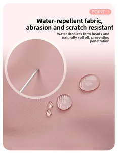 Detail of pink waterproof and scratch-resistant fabric with water beads and sharp tool test