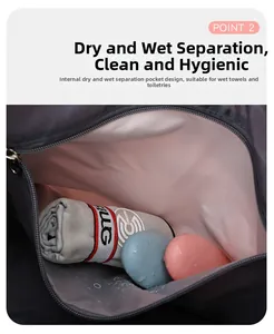 Close-up of internal waterproof dry-wet separation compartment in gray travel bag