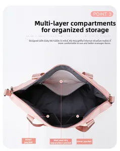 Detail view of pink travel bag interior with dry-wet separation and multi-pocket layout
