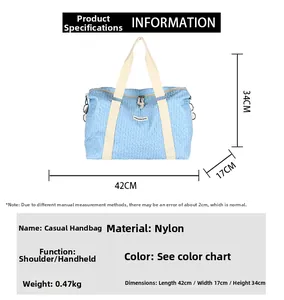 Detailed size specifications for light blue nylon travel bag measuring 42x17x34 cm