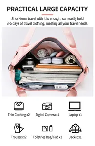 Detailed interior of a large pink travel bag showing organized storage for multi-day trips