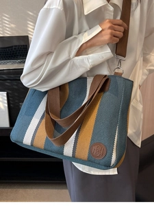 Women Large Capacity Canvas Tote Bag Vertical Stripes Contrast Color Handbag For Commute Travel Casual Crossbody Style