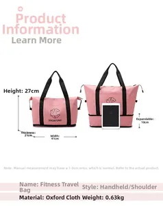 Pink oxford travel bag detail showing size 27x21x41cm and 10cm expandable capacity