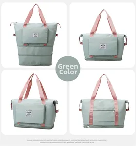 Détails du sac de voyage pliable vert avec passant pour bagage et base extensible