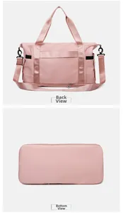 Detailed back and bottom view of pink travel bag showing luggage sleeve and wide base