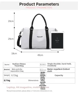 Detailed size chart showing waterproof oxford gym bag dimensions and wet-dry compartment