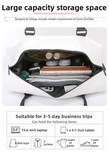 Large capacity travel bag showing interior compartments for laptop and clothes