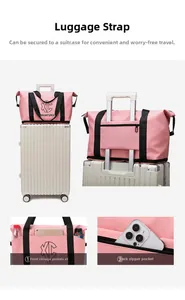 Pink travel duffel with trolley sleeve and multiple front storage pockets for luggage