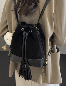 Vintage Women Bucket Backpack Suede PU Leather Patchwork Drawstring Tassel Shoulder Bag High-end Niche Design Cloud Charm Bag
