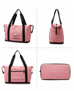 Pink large travel bag detail showing 360-degree views and functional zipper pockets