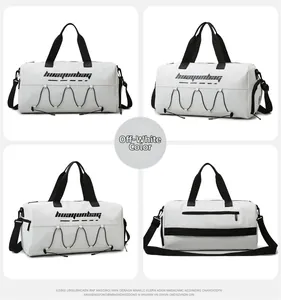 Multiple views of creamy white waterproof fitness tote bag showing straps and back pocket