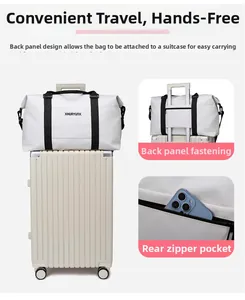 Detail of travel bag trolley sleeve attachment and hidden rear security zipper pocket