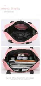 Detailed view of spacious pink travel bag interior showing wet dry separation pockets