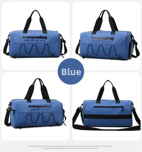 Blue waterproof sports duffel bag shown from multiple angles with dual handles and strap