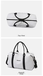 Detailed top and side views of white oxford fitness travel bag with black handles