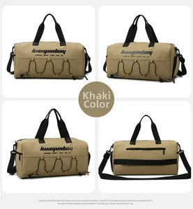 Detail view of khaki waterproof fitness bag with dry-wet separation and adjustable strap
