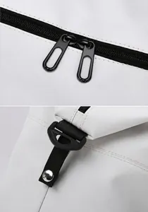 Detailed view of durable anti-oxidant metal zippers and expandable side buckles on white bag
