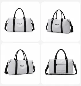 Detailed views of a beige large capacity duffel bag with black handles and shoulder straps