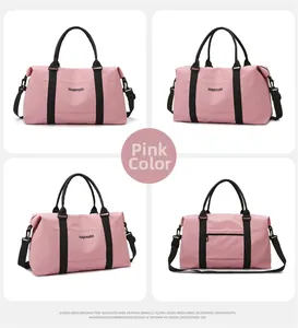 Multiple views of a pink waterproof oxford travel bag with adjustable strap and handles