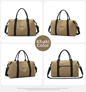 Detailed views of khaki oxford fitness bag showing zipper pockets and adjustable straps