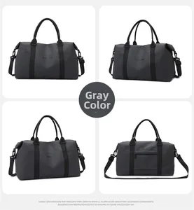 Detailed views of grey Oxford fabric travel bag with adjustable strap and dual handles