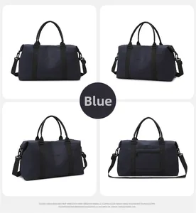 Multiple views of a blue Oxford cloth travel bag showing its front, back and strap details