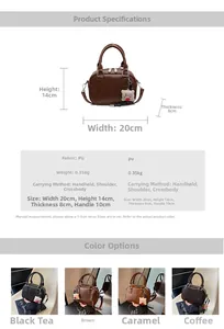 Vue détaillée du sac à main vintage en cuir PU montrant les dimensions et le pendentif