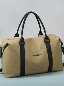 Large khaki oxford travel bag with black handles and XHUAYUNX logo for gym and sports