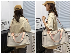 Close-up of lightweight travel bag featuring a separate shoe compartment and adjustable strap