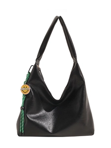 Retro black PU leather tote bag with large capacity and a smiley face pendant charm