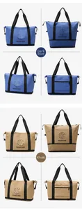 Front and back views of navy and khaki travel duffels with trolley sleeve details
