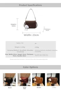 Size chart showing 23x16x10cm dimensions and PU leather specs for this fashion pillow bag
