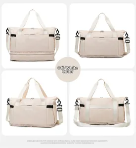 Detailed views of a cream white multi-functional travel bag with separate shoe compartment
