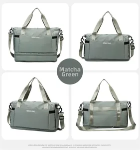 Macro view of Matcha Green travel bag showing waterproof fabric and adjustable straps