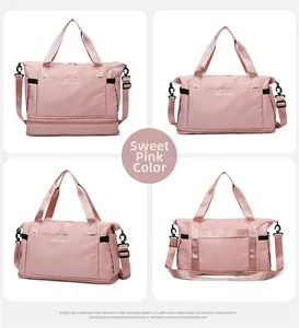 Detailed four-view showcase of a large pink travel duffel bag with a separate shoe compartment