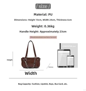 Detailed size specifications of brown PU square shoulder bag with metal chain strap