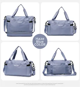 Detail of mist blue travel bag showing waterproof nylon material and separate bottom shoe compartment