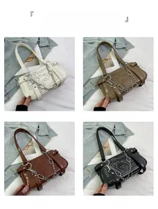 Collage of leather shoulder bags in beige, khaki, brown, and black with metal chains