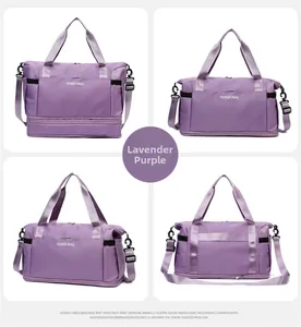 Detailed four-angle view of taro purple travel bag featuring a separate shoe compartment