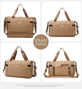 Macro detail of khaki waterproof nylon travel bag showing detachable straps and shoe compartment
