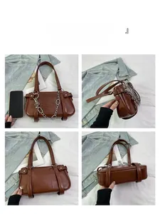 Detailed four-angle views of a brown glossy leather crossbody bag with chain and straps