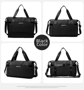 Multi-angle views of large black travel duffel bag with waterproof nylon fabric and straps