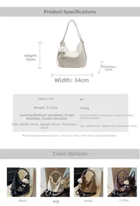 Détails des dimensions et quatre variantes de couleur de ce grand sac Hobo chic