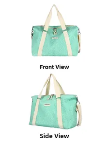 Close-up of mint green textured travel bag with detachable strap and dual handles