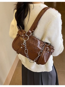 Classic dark brown patent leather shoulder bag with silver chain and metal ring buckle