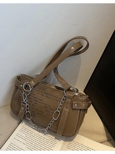 Brown vintage faux leather square bag with graffiti print and silver chain strap