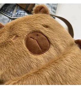 Detail of Capybara plush bag featuring soft brown texture and embroidered face